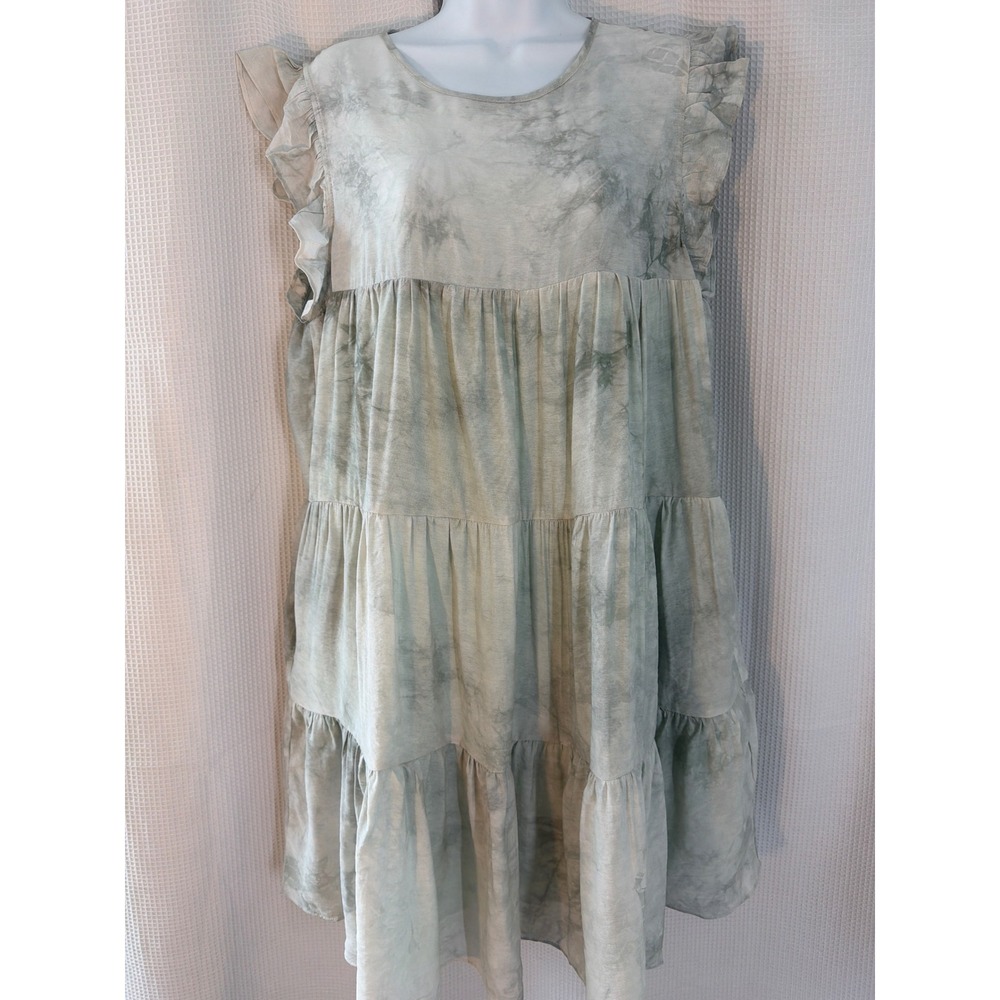 Free the Roses Sage Green Tie Dye Tiered Ruffle Mini Dress Pockets Large NWT